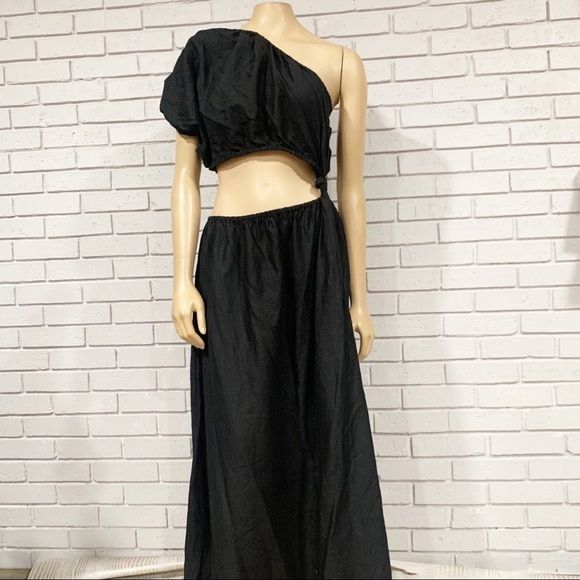 Farm Rio One-Shoulder Asymmetric Cutout Dress in Black - Size Large - Picture 1 of 11